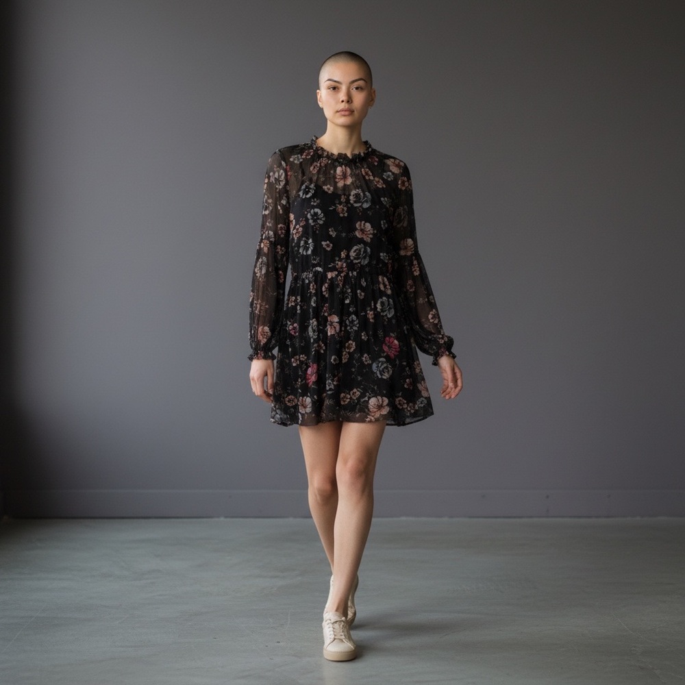 Eyeshadow Black Floral Mesh Mini Dress Whimsigoth Long Sleeve Medium